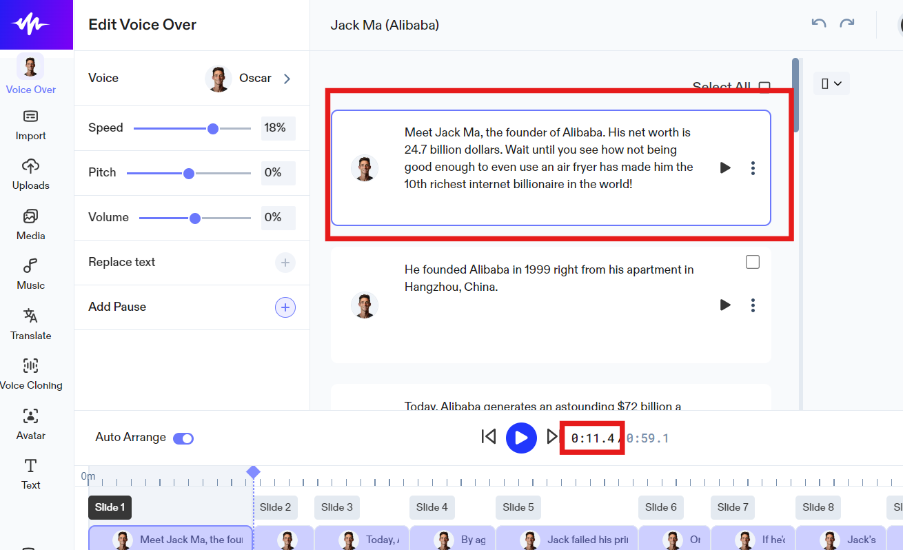 Speechify Studio Voiceover Block with Script