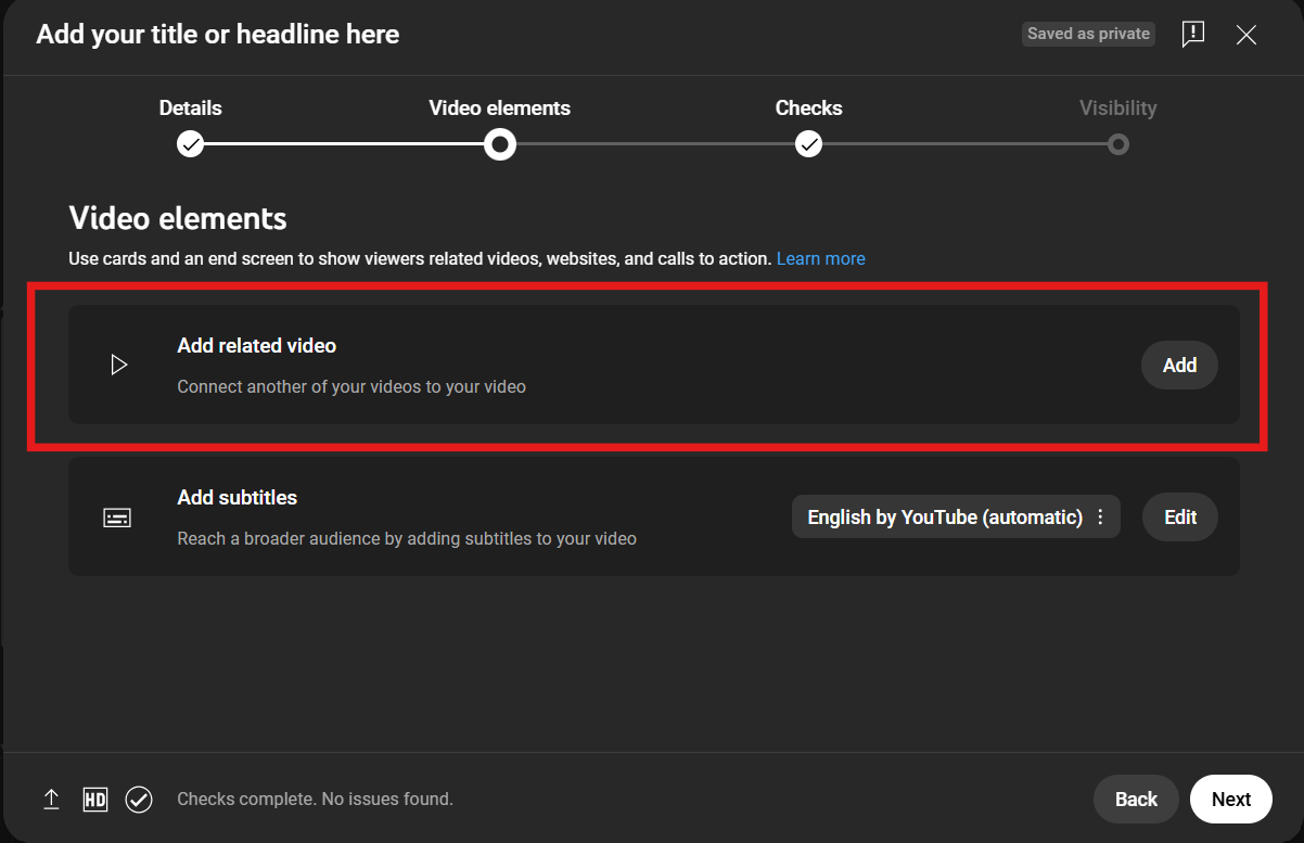 YouTube Studio Video Elements Add Related Video